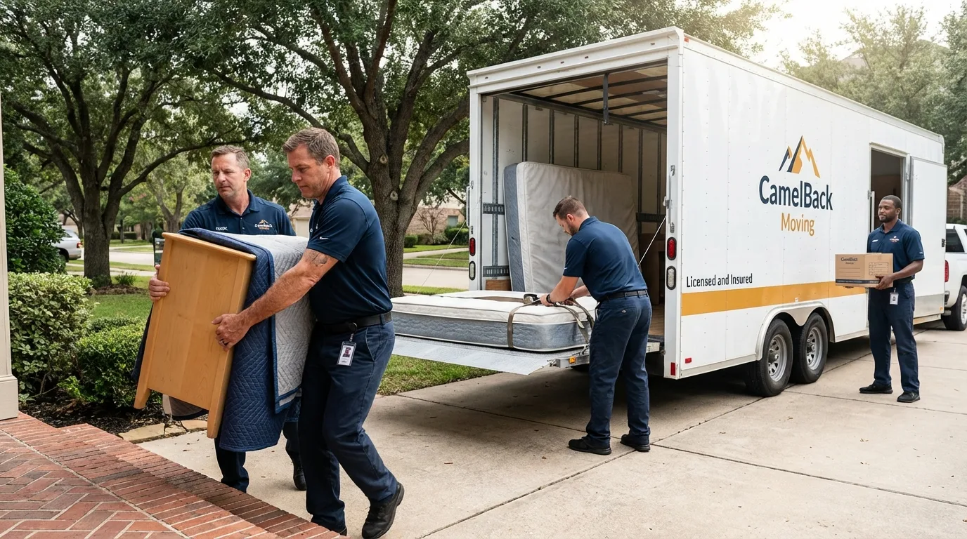Crew loading residential truck for cross-state move from West Fargo, ND