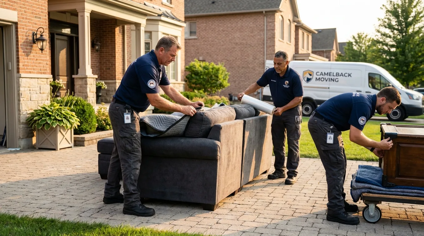 Large estate moving crew wrapping furniture in West Fargo, ND