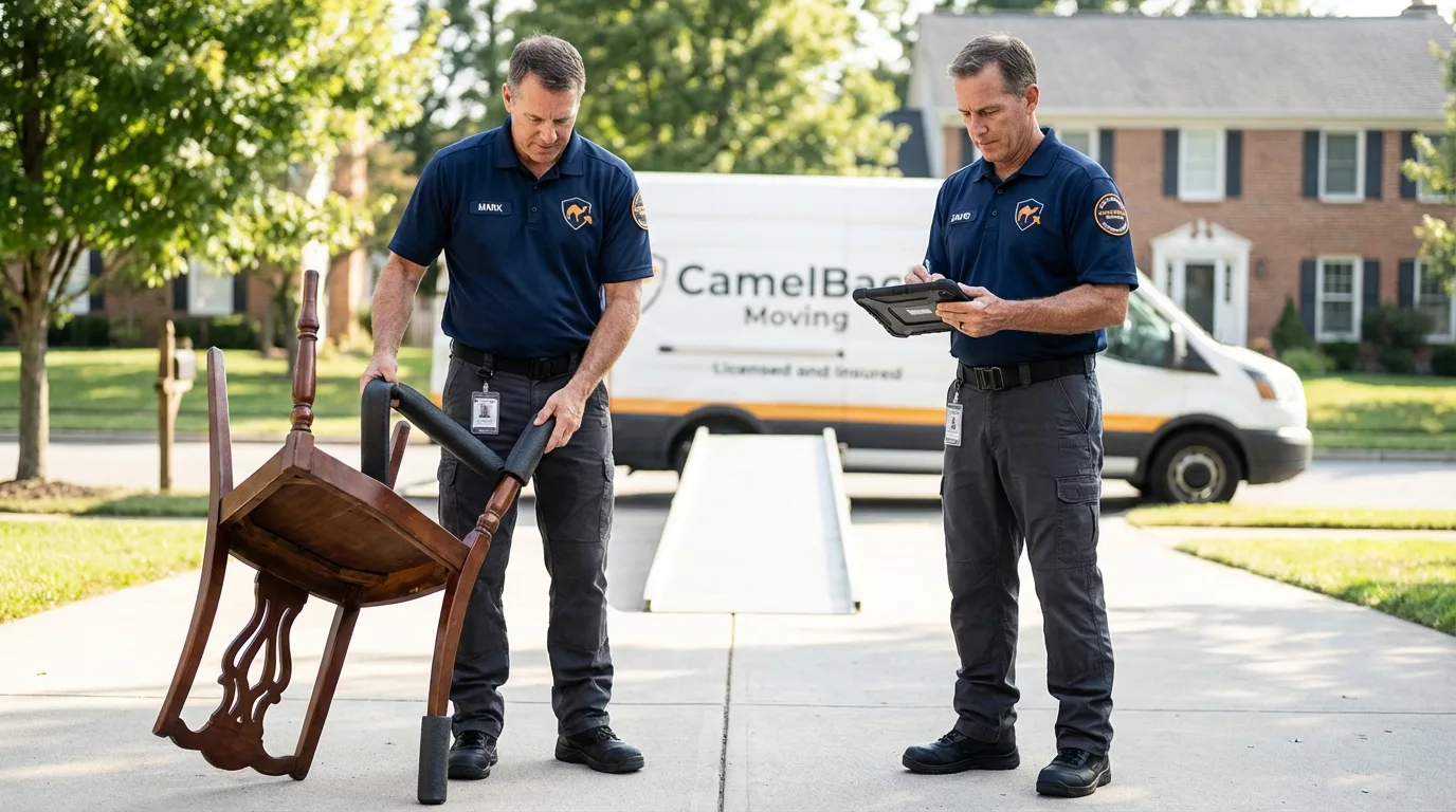 Movers inspecting furniture for damage prevention before loading in West Fargo, ND