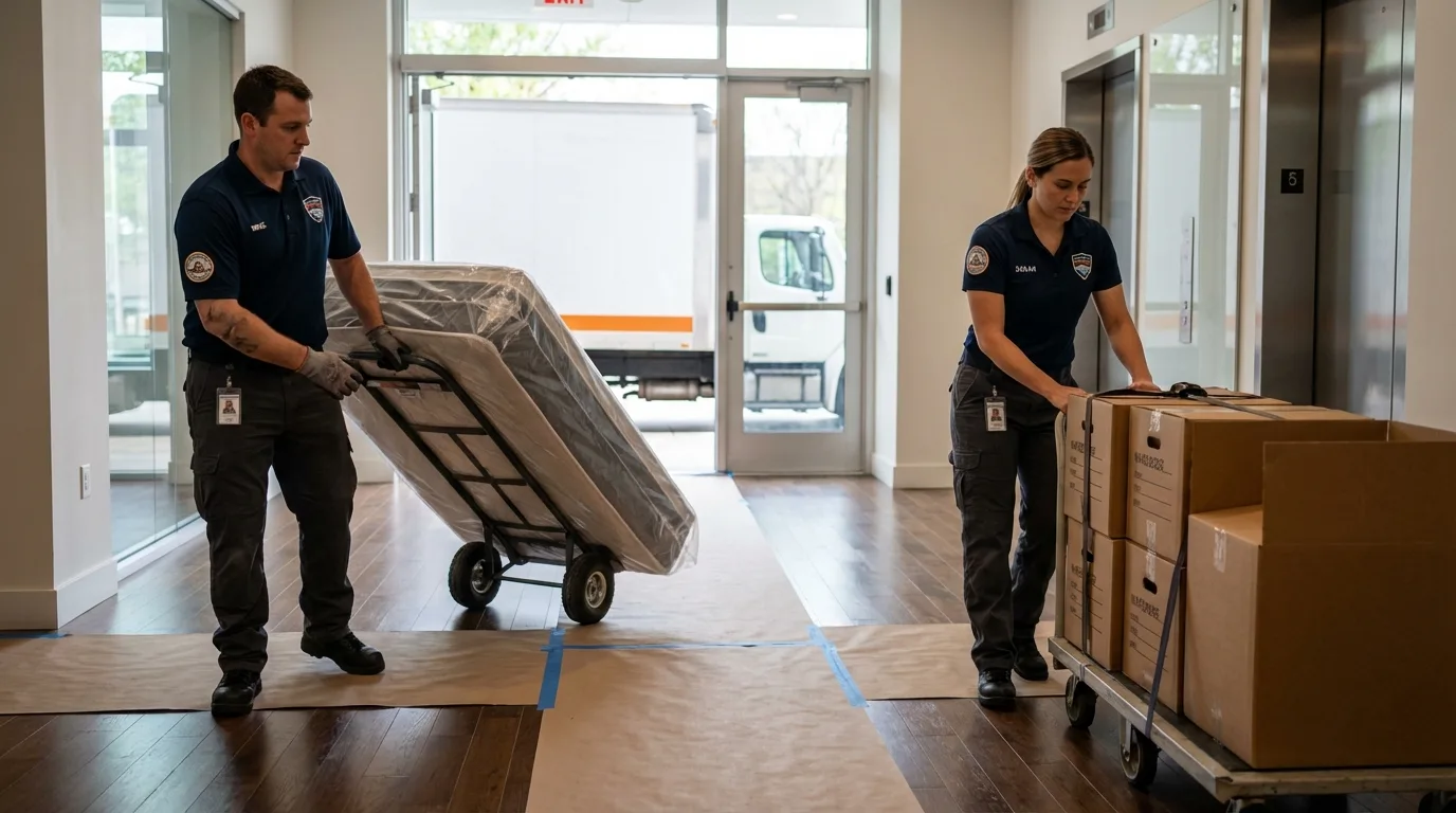 Professional apartment movers loading elevator in West Fargo, ND
