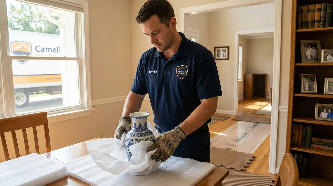 Professional crew carefully wrapping antique vase for senior downsizing move in West Fargo, ND